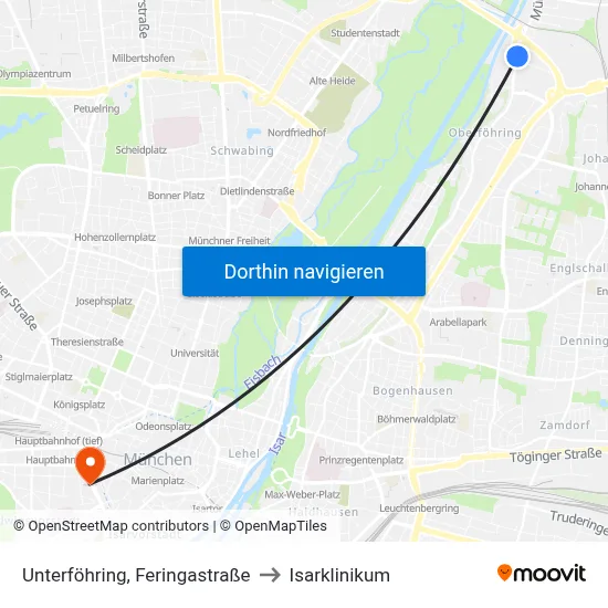 Unterföhring, Feringastraße to Isarklinikum map