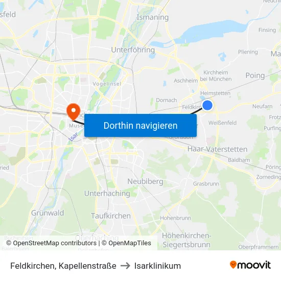 Feldkirchen, Kapellenstraße to Isarklinikum map