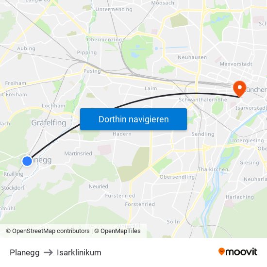 Planegg to Isarklinikum map