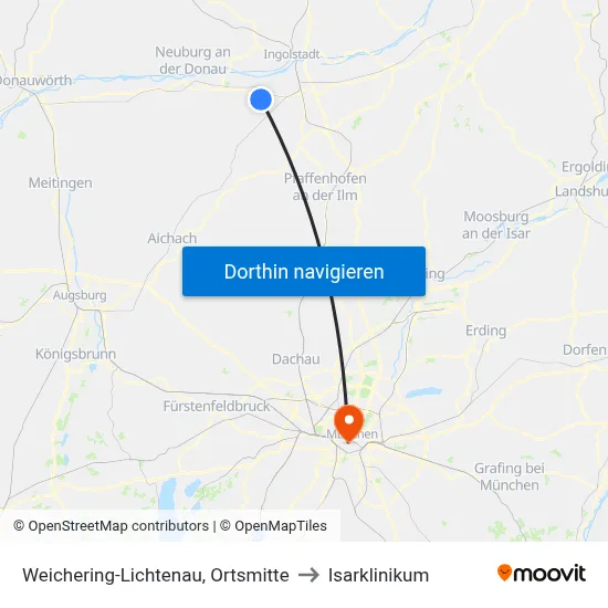 Weichering-Lichtenau, Ortsmitte to Isarklinikum map
