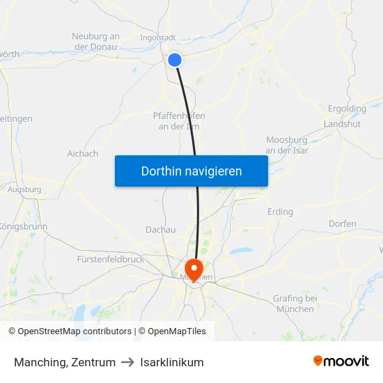 Manching, Zentrum to Isarklinikum map