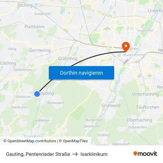 Gauting, Pentenrieder Straße to Isarklinikum map
