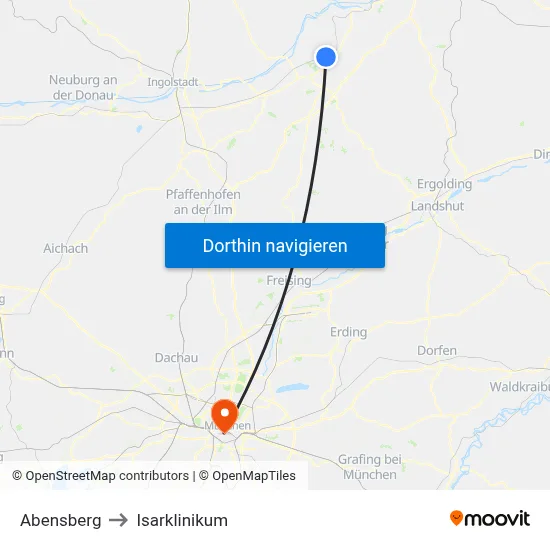 Abensberg to Isarklinikum map