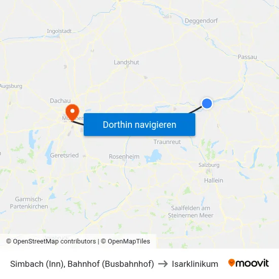 Simbach (Inn), Bahnhof (Busbahnhof) to Isarklinikum map