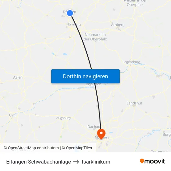 Erlangen Schwabachanlage to Isarklinikum map