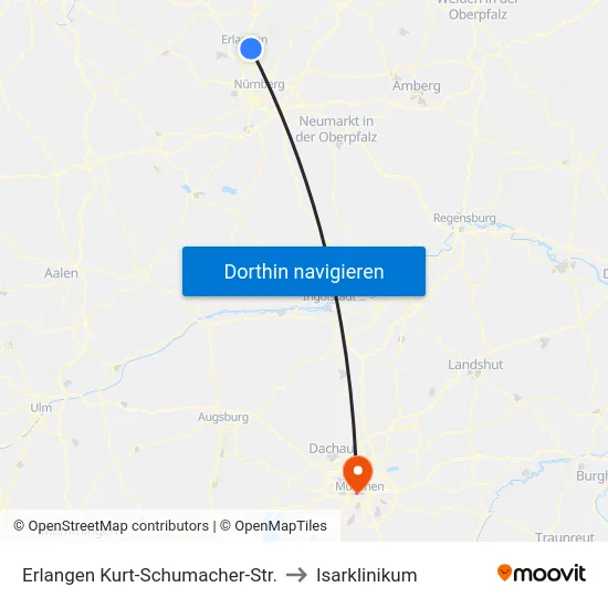 Erlangen Kurt-Schumacher-Str. to Isarklinikum map