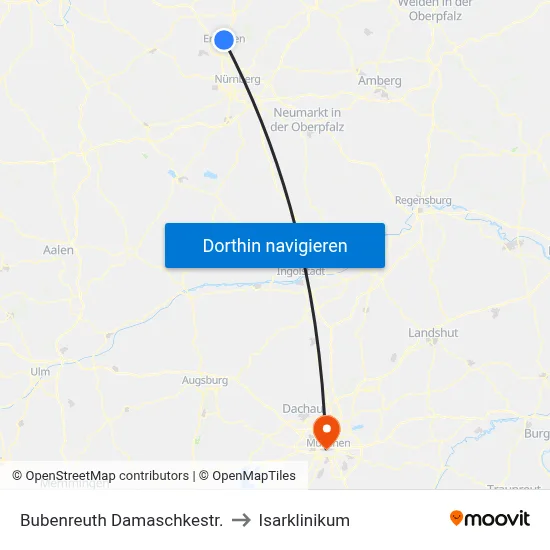 Bubenreuth Damaschkestr. to Isarklinikum map