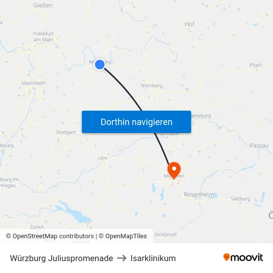 Würzburg Juliuspromenade to Isarklinikum map