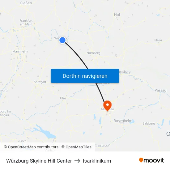 Würzburg Skyline Hill Center to Isarklinikum map