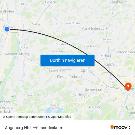 Augsburg Hbf to Isarklinikum map