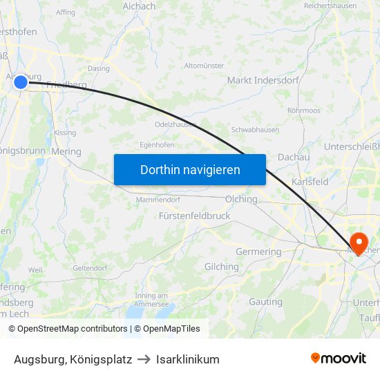 Augsburg, Königsplatz to Isarklinikum map