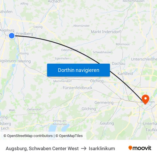 Augsburg, Schwaben Center West to Isarklinikum map