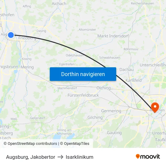 Augsburg, Jakobertor to Isarklinikum map