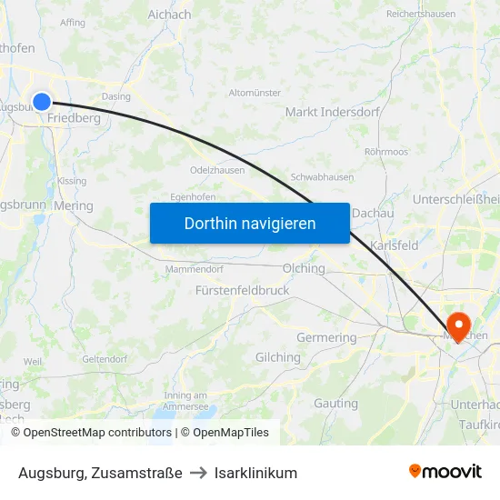 Augsburg, Zusamstraße to Isarklinikum map