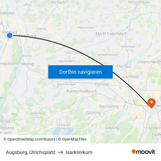 Augsburg, Ulrichsplatz to Isarklinikum map