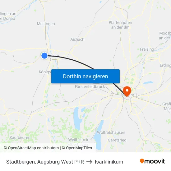 Stadtbergen, Augsburg West P+R to Isarklinikum map