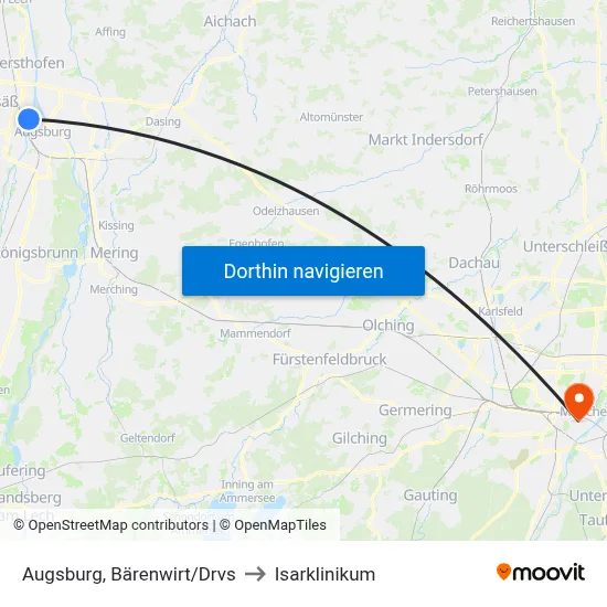 Augsburg, Bärenwirt/Drvs to Isarklinikum map