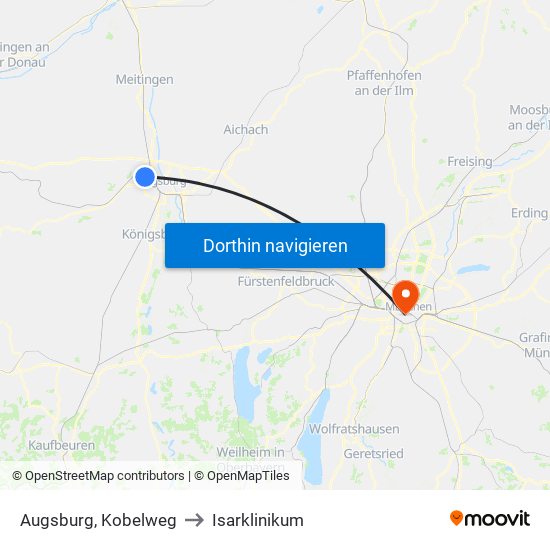 Augsburg, Kobelweg to Isarklinikum map