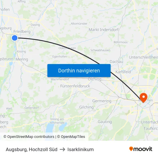 Augsburg, Hochzoll Süd to Isarklinikum map
