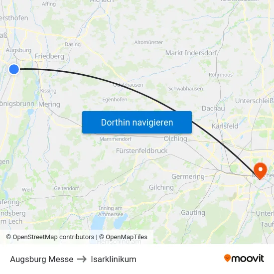 Augsburg Messe to Isarklinikum map