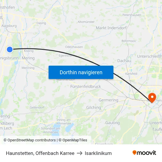 Haunstetten, Offenbach Karree to Isarklinikum map