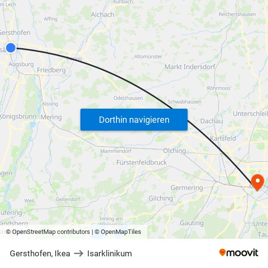 Gersthofen, Ikea to Isarklinikum map