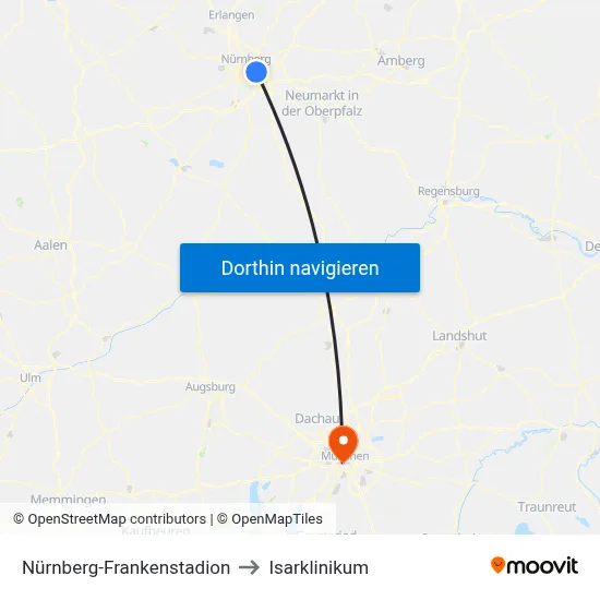 Nürnberg-Frankenstadion to Isarklinikum map
