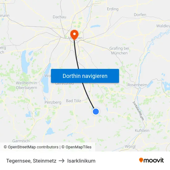 Tegernsee, Steinmetz to Isarklinikum map