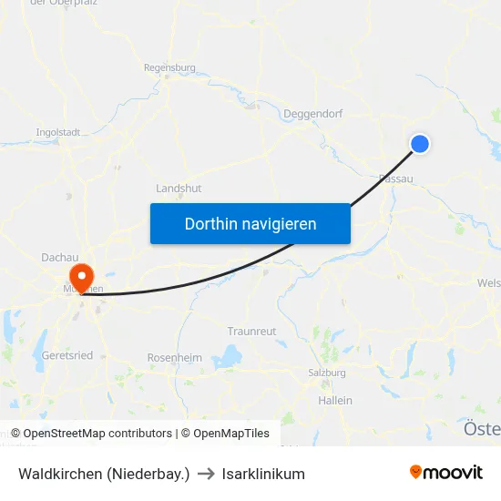 Waldkirchen (Niederbay.) to Isarklinikum map