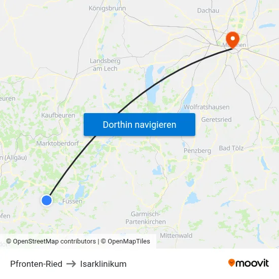 Pfronten-Ried to Isarklinikum map