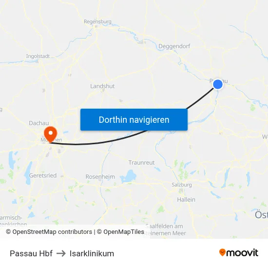 Passau Hbf to Isarklinikum map