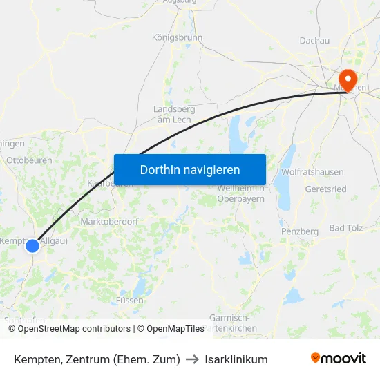 Kempten, Zentrum (Ehem. Zum) to Isarklinikum map