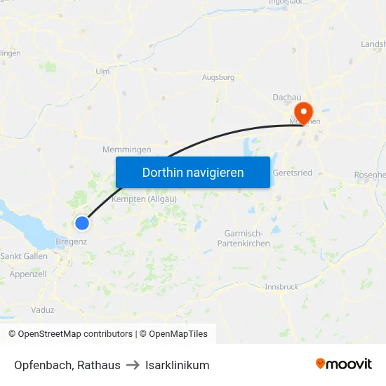 Opfenbach, Rathaus to Isarklinikum map