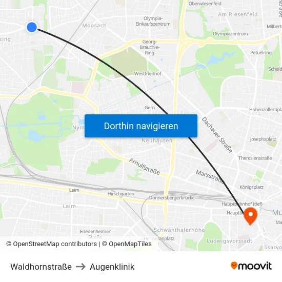 Waldhornstraße to Augenklinik map