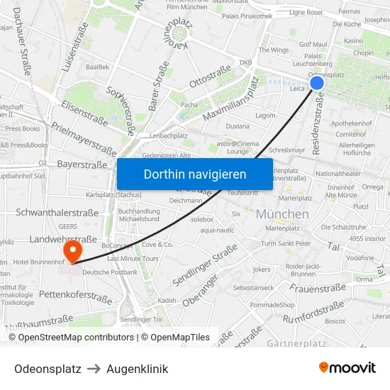 Odeonsplatz to Augenklinik map