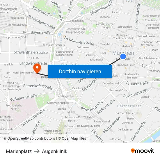 Marienplatz to Augenklinik map