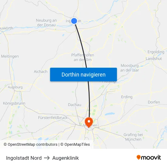 Ingolstadt Nord to Augenklinik map