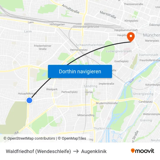 Waldfriedhof (Wendeschleife) to Augenklinik map