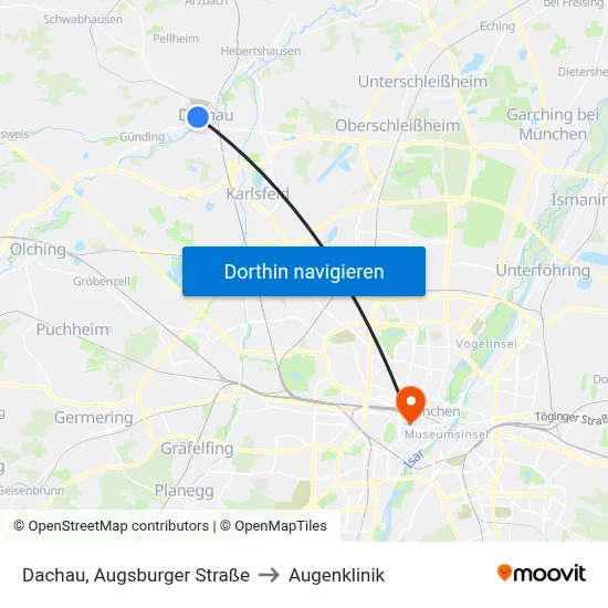 Dachau, Augsburger Straße to Augenklinik map