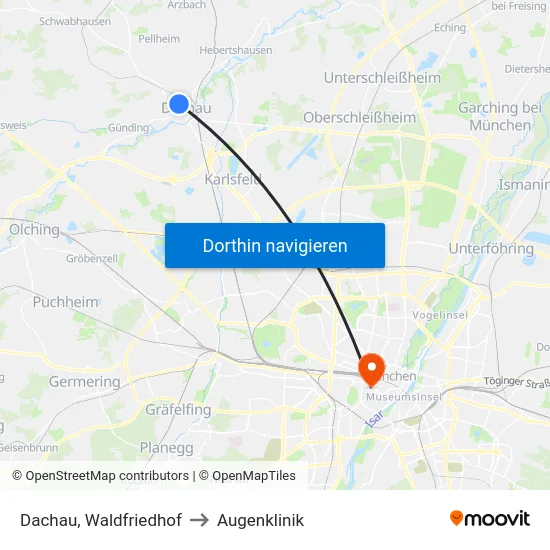 Dachau, Waldfriedhof to Augenklinik map
