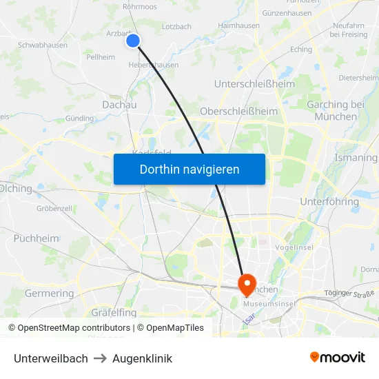 Unterweilbach to Augenklinik map