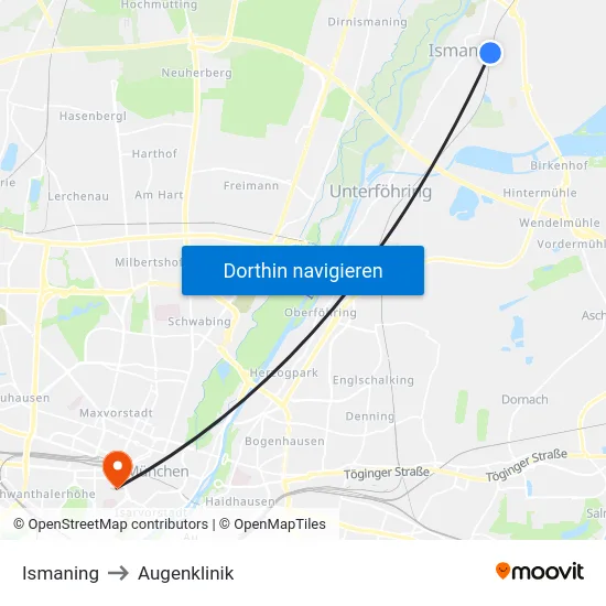Ismaning to Augenklinik map