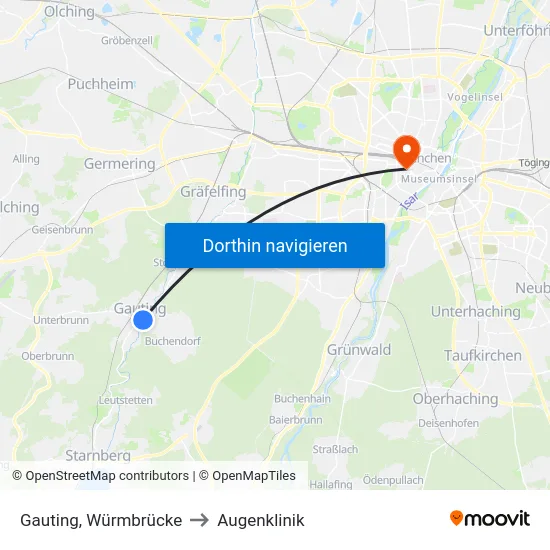 Gauting, Würmbrücke to Augenklinik map