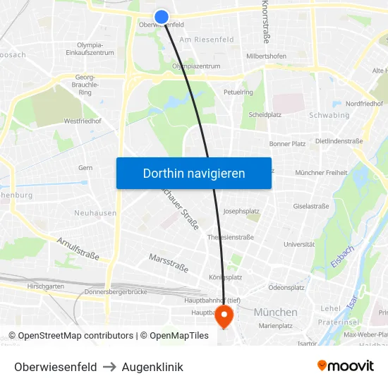 Oberwiesenfeld to Augenklinik map