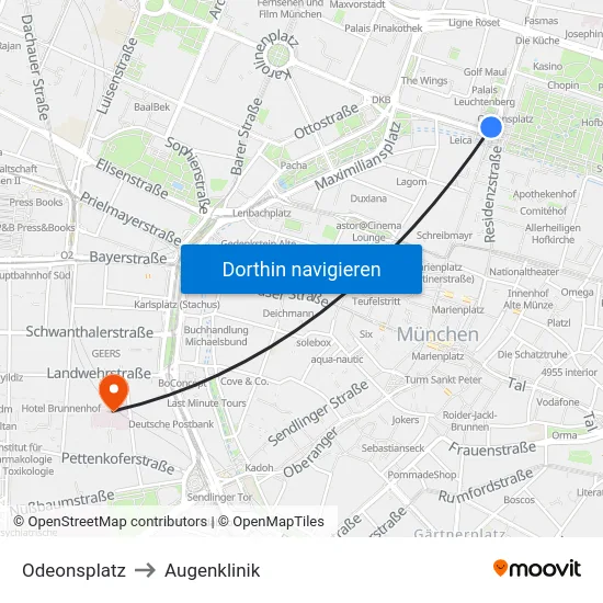 Odeonsplatz to Augenklinik map