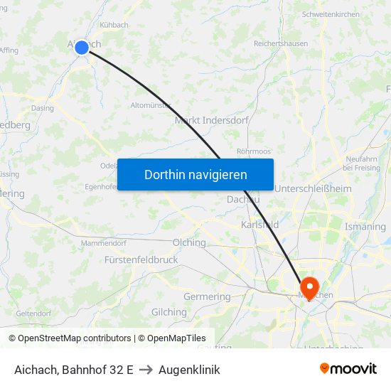 Aichach, Bahnhof 32 E to Augenklinik map