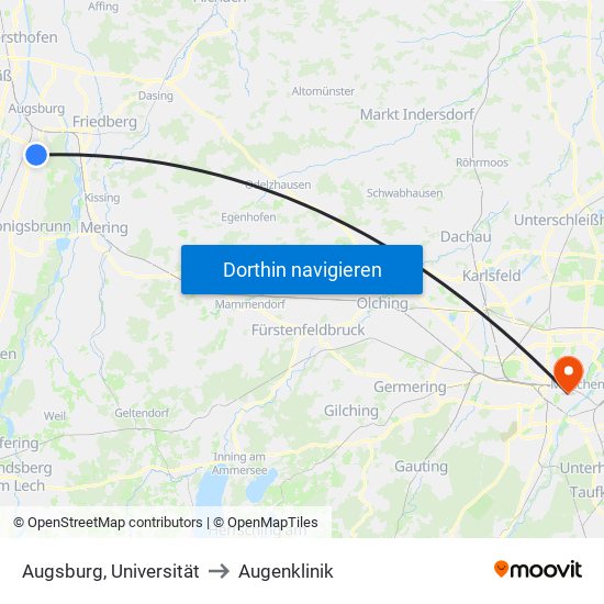 Augsburg, Universität to Augenklinik map