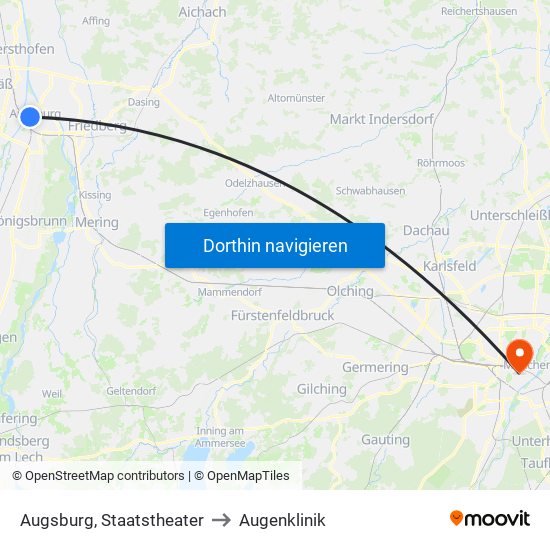 Augsburg, Staatstheater to Augenklinik map