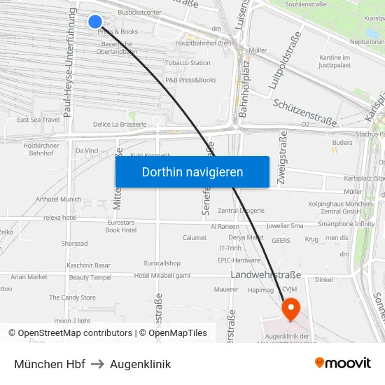 München Hbf to Augenklinik map