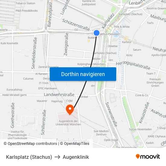 Karlsplatz (Stachus) to Augenklinik map